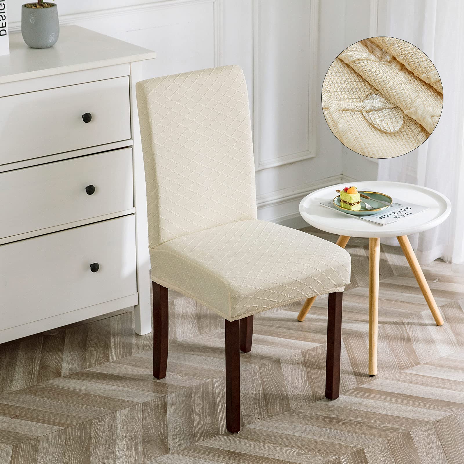 Genina dining room chair cover setup shown in a modern dining space.