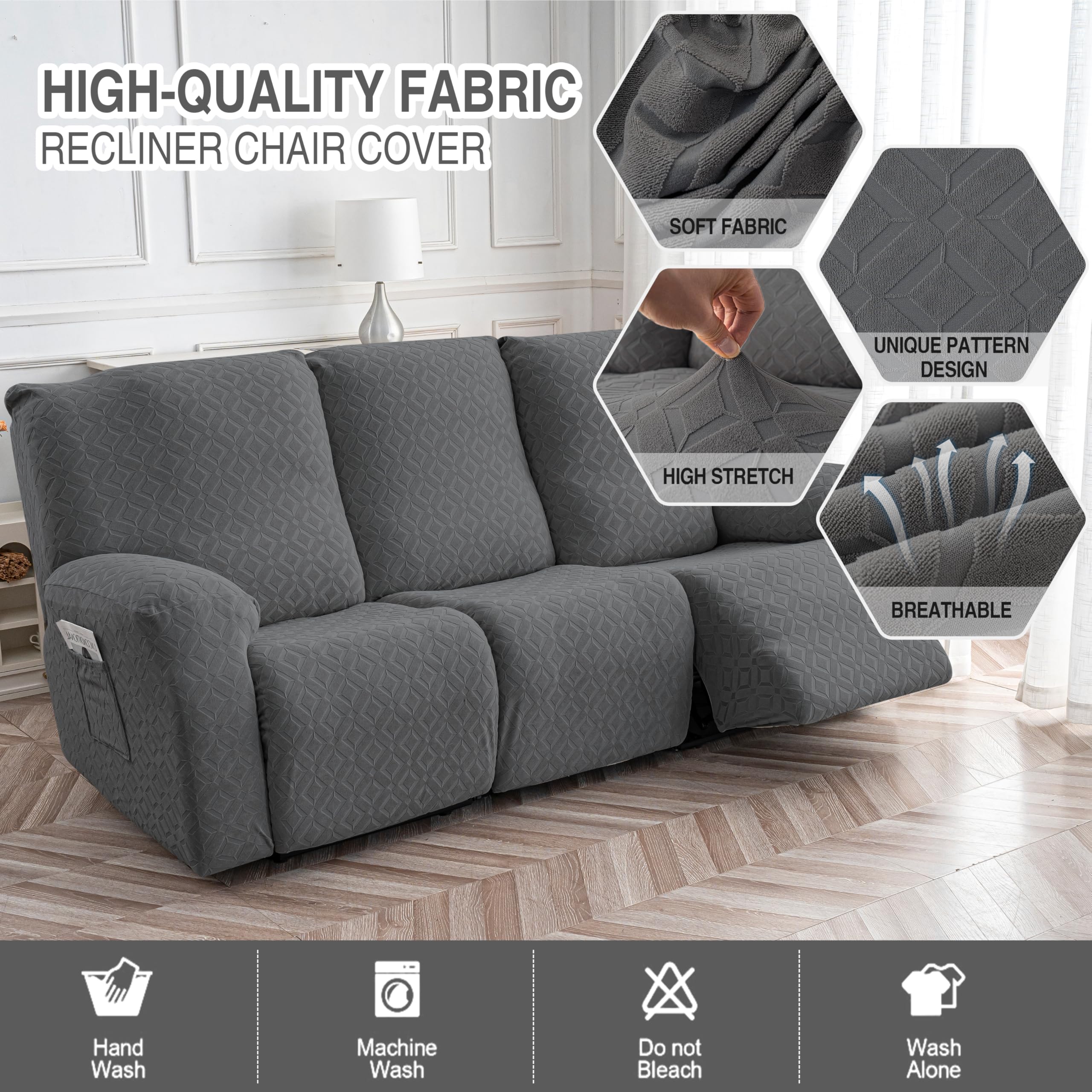 Genina recliner cover with side pocket keeps remotes and phones within reach.