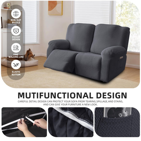 Genina slipcover with side pockets for remotes and glasses.