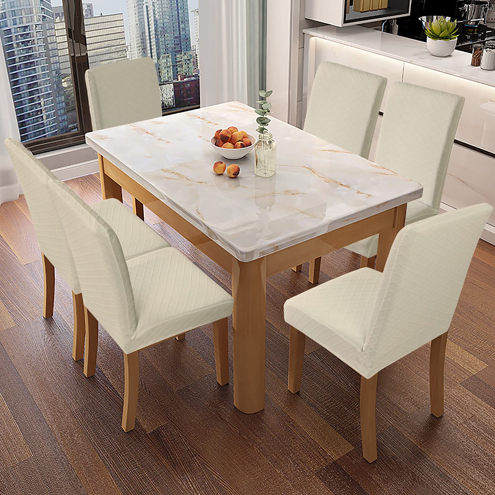 Genina stretch-fit parson chair cover in beige refreshing the dining area.
