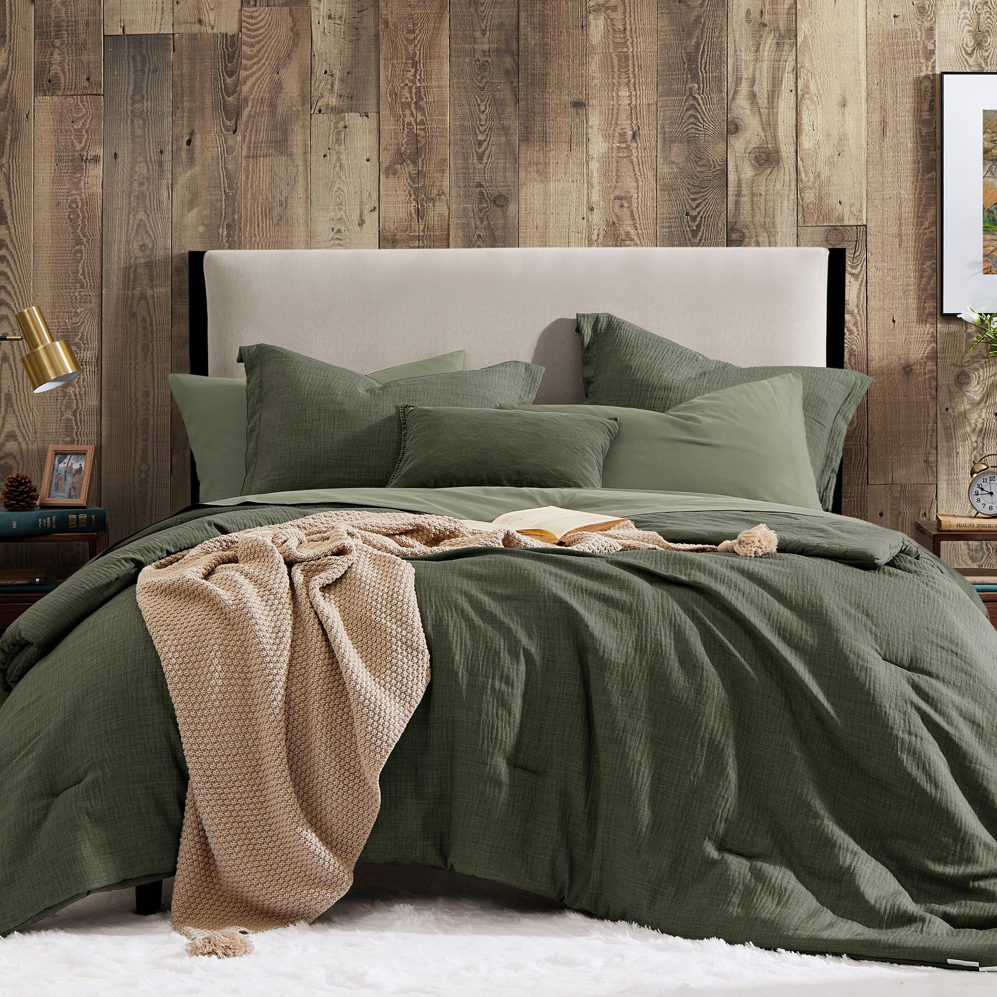 Geniospin dark olive green queen comforter set cover in solid color for versatile styling.