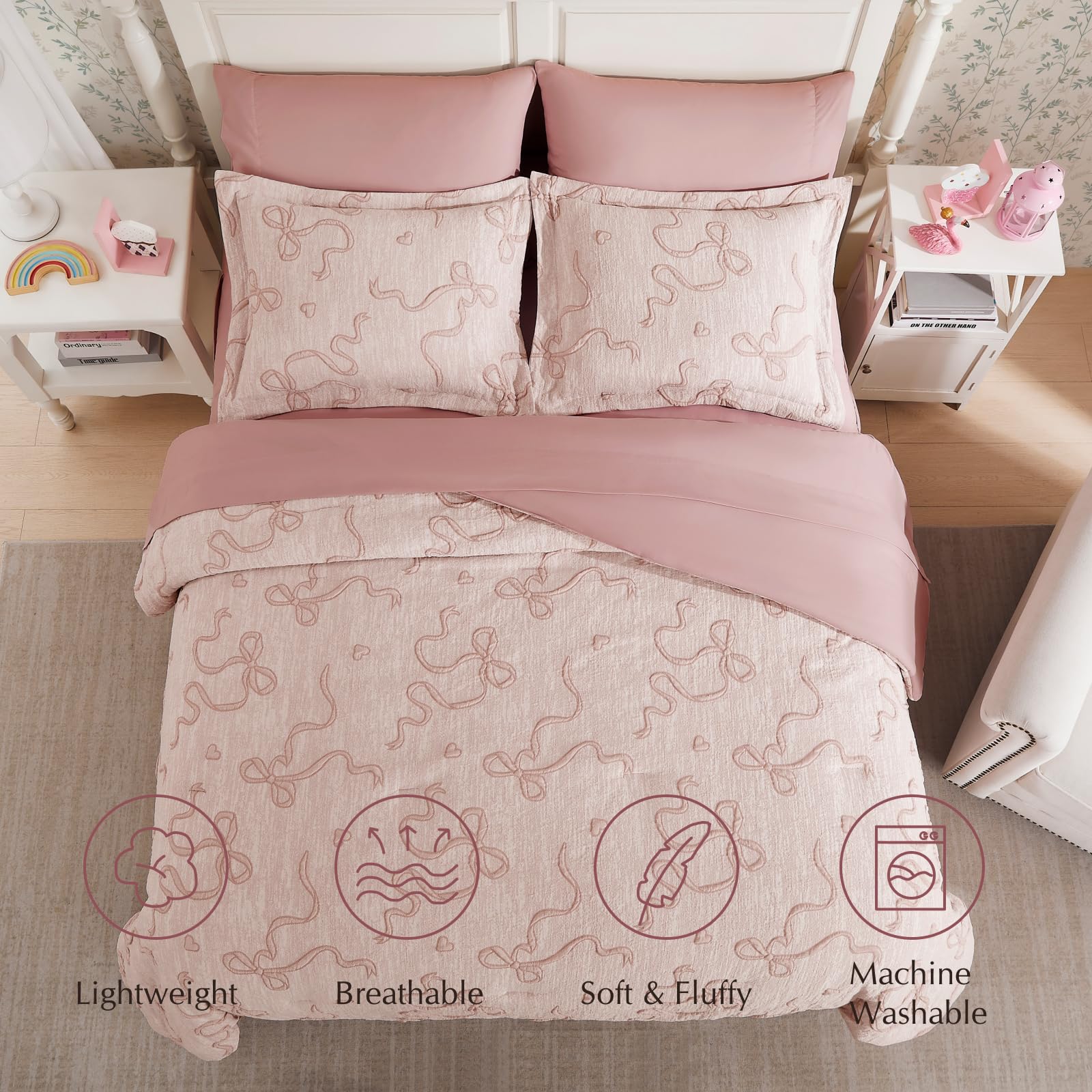 Geniospin pink bed-in-a-bag full set showcases complete seven-piece bedding for easy setup.