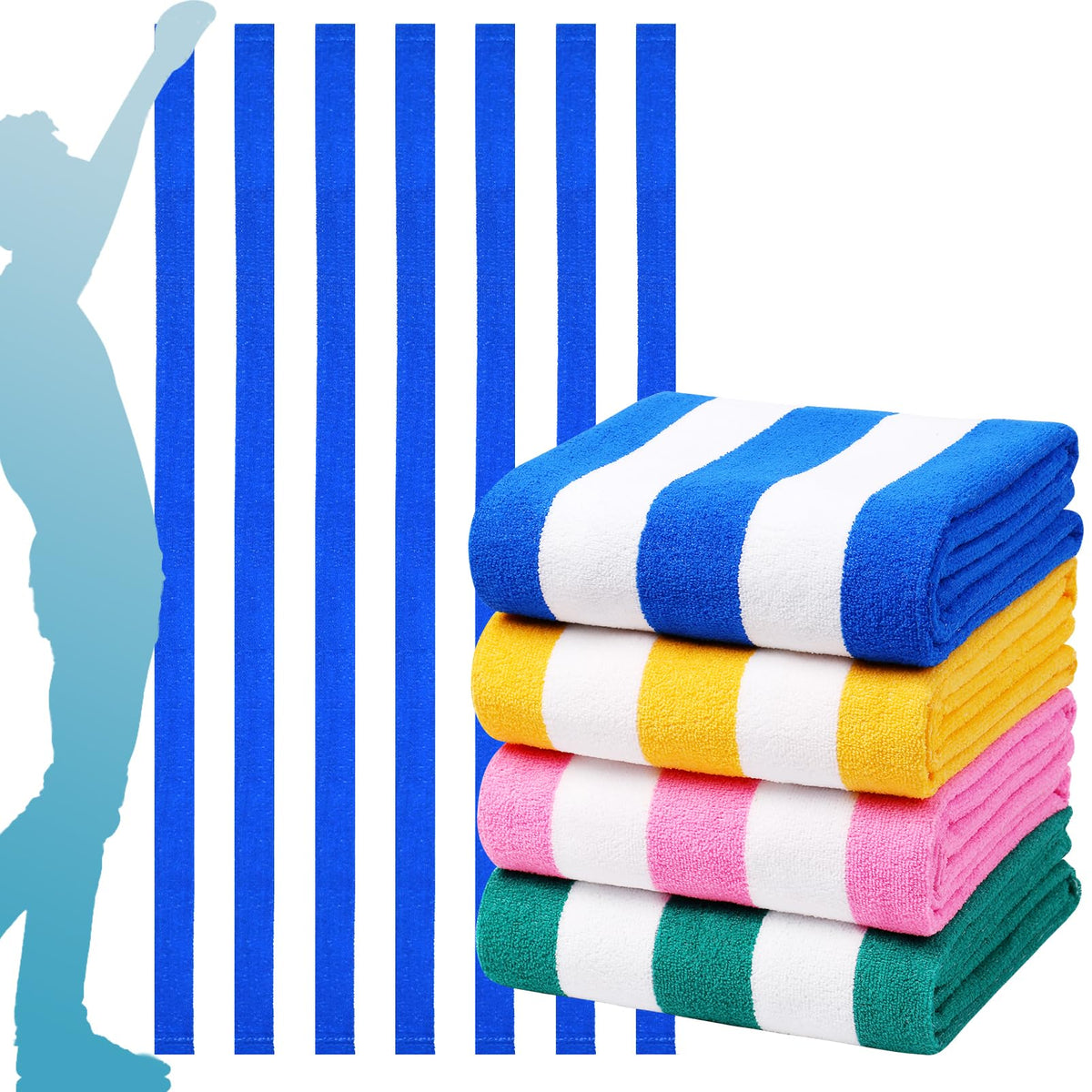 Genovega oversized stripe towel blue on beach, quick-drying and ultra-soft.
