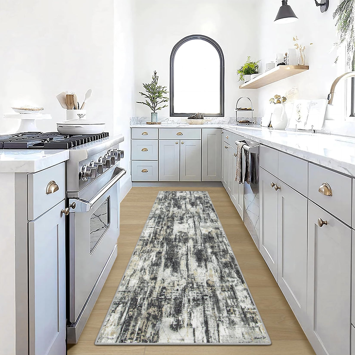 Gent drizz 2-6x8 runner with abstract pattern adds modern style to busy hallways.