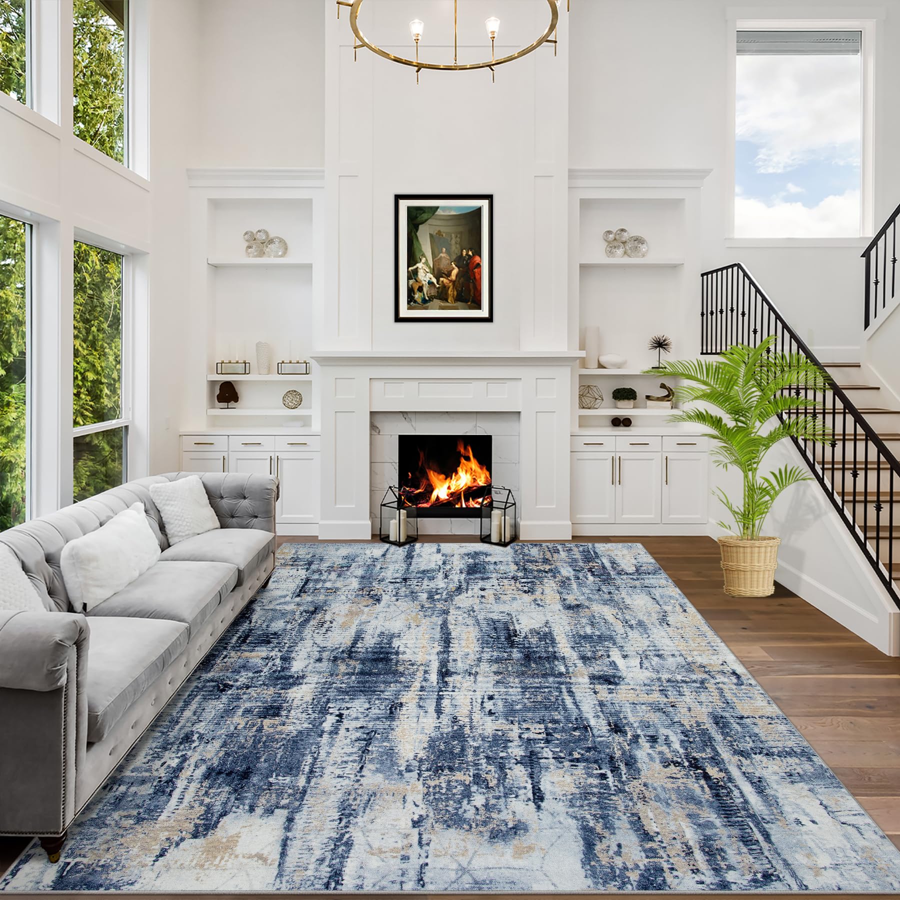 Gent drizz 8x10 area rug with abstract blue-gold design adds modern style and is easy to clean.