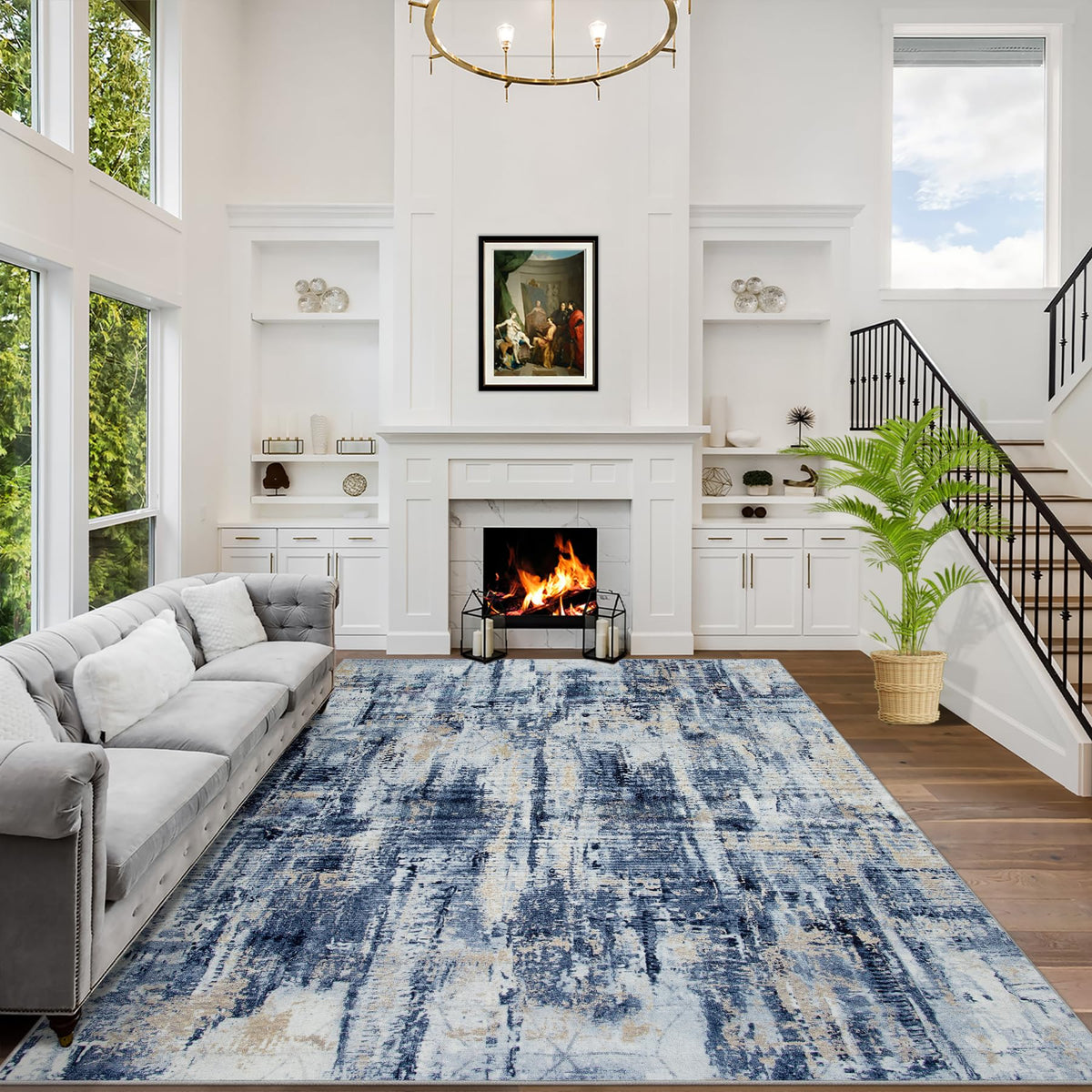 Gent drizz 8x10 area rug with abstract blue-gold design adds modern style and is easy to clean.