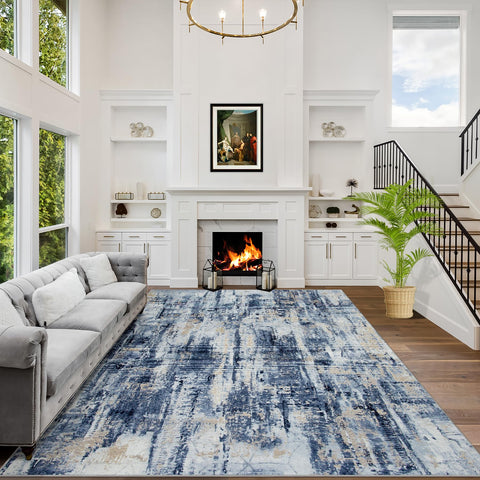 Gent drizz 8x10 area rug with abstract blue-gold design adds modern style and is easy to clean.