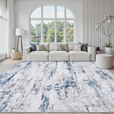 Gent drizz area rug 8x10 abstract white gray blue adds modern style to living rooms.