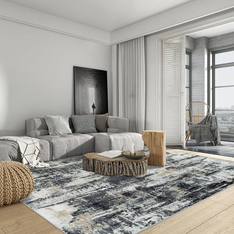 Modern abstract design of Gent drizz rug enhances decor.