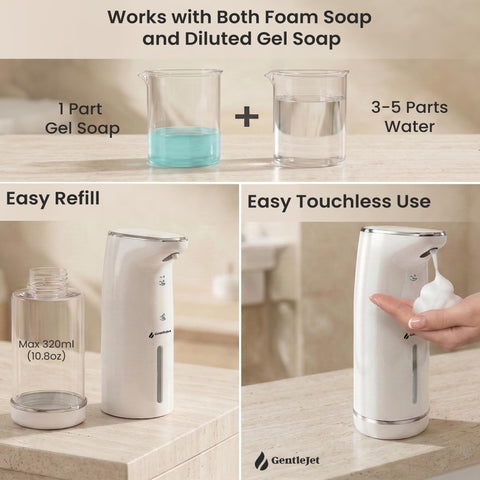 GentleJet Cloudfoam dispenser adjustable foam output tailors soap use for kids and adults.