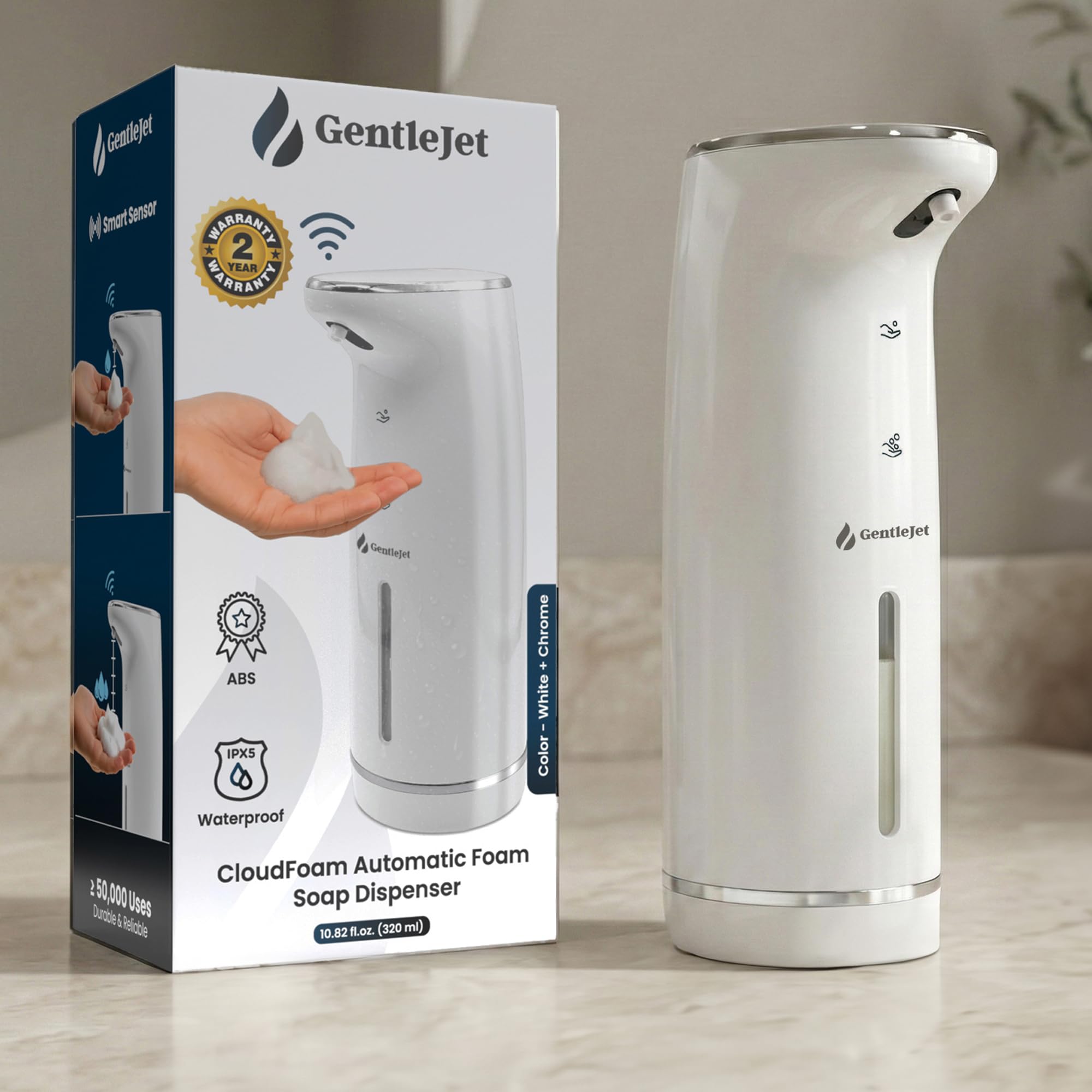 GentleJet Cloudfoam dispenser front view showing compact family-friendly design for clean hands in busy kitchens.
