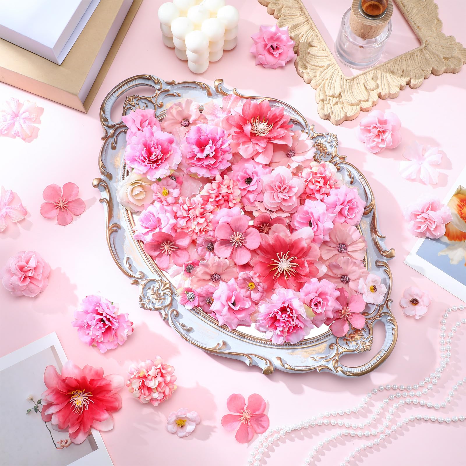Geosar fabric flower heads 4.5 cm, pink cozy style ideal for wreaths and bouquets.