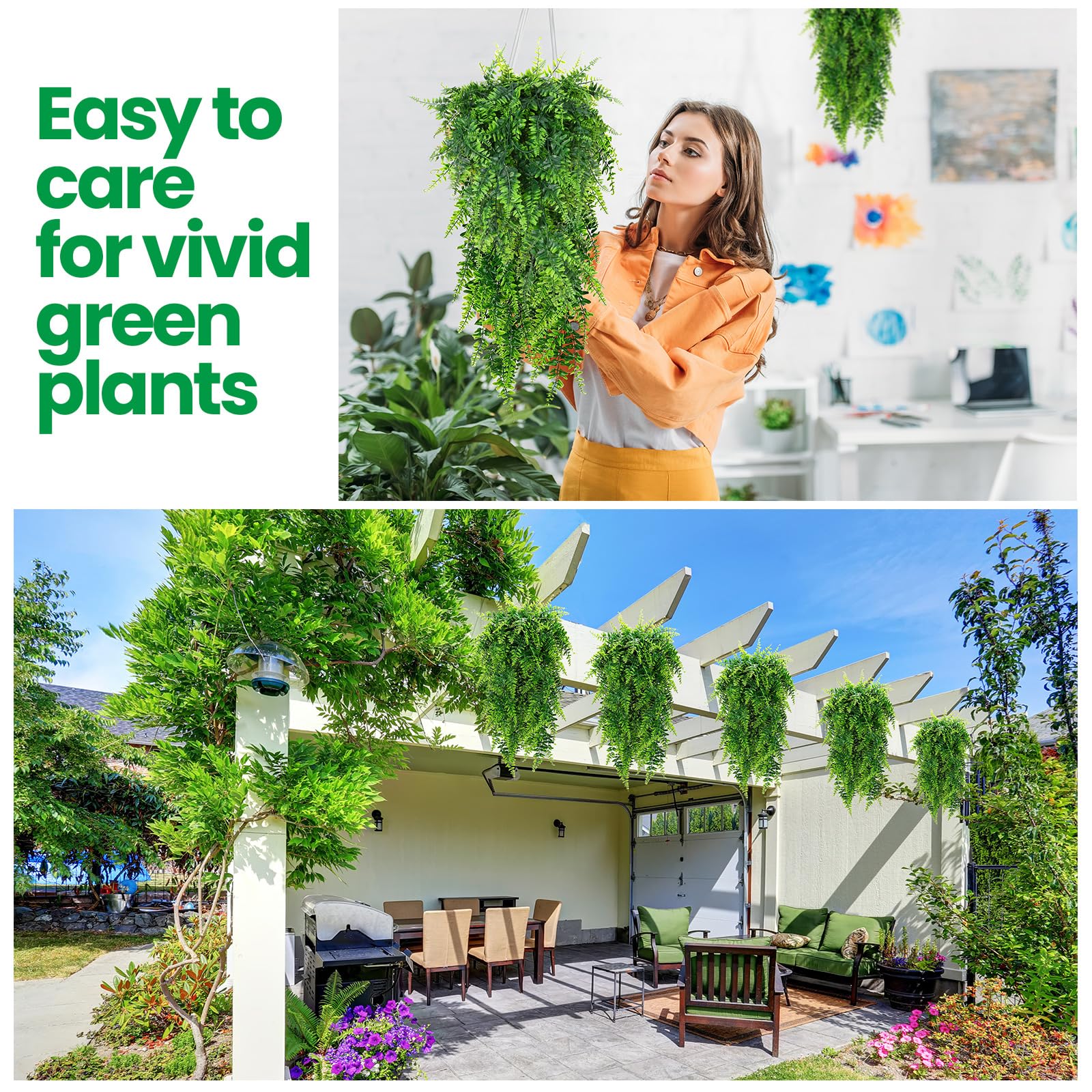 Geosar no-basket hanging plants, 32-inch ferns, maintenance-free decor