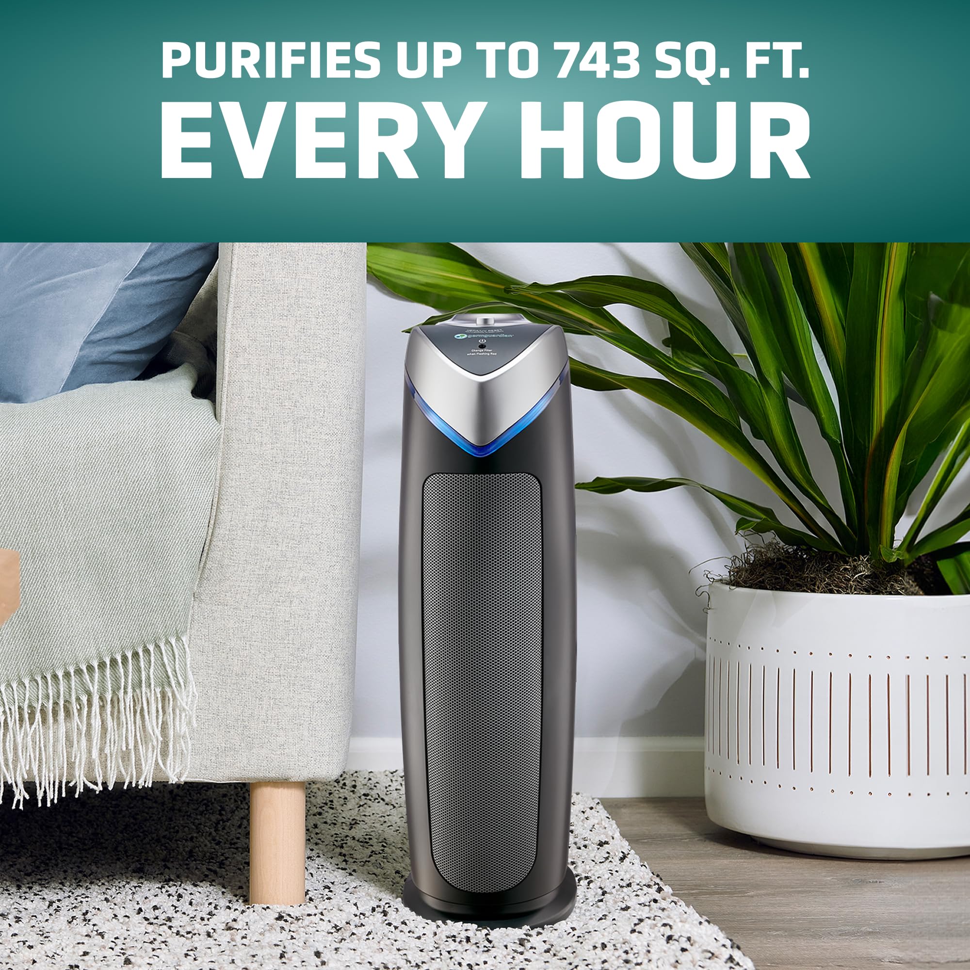 GermGuardian air purifier provides large-room coverage up to 743 sq ft.