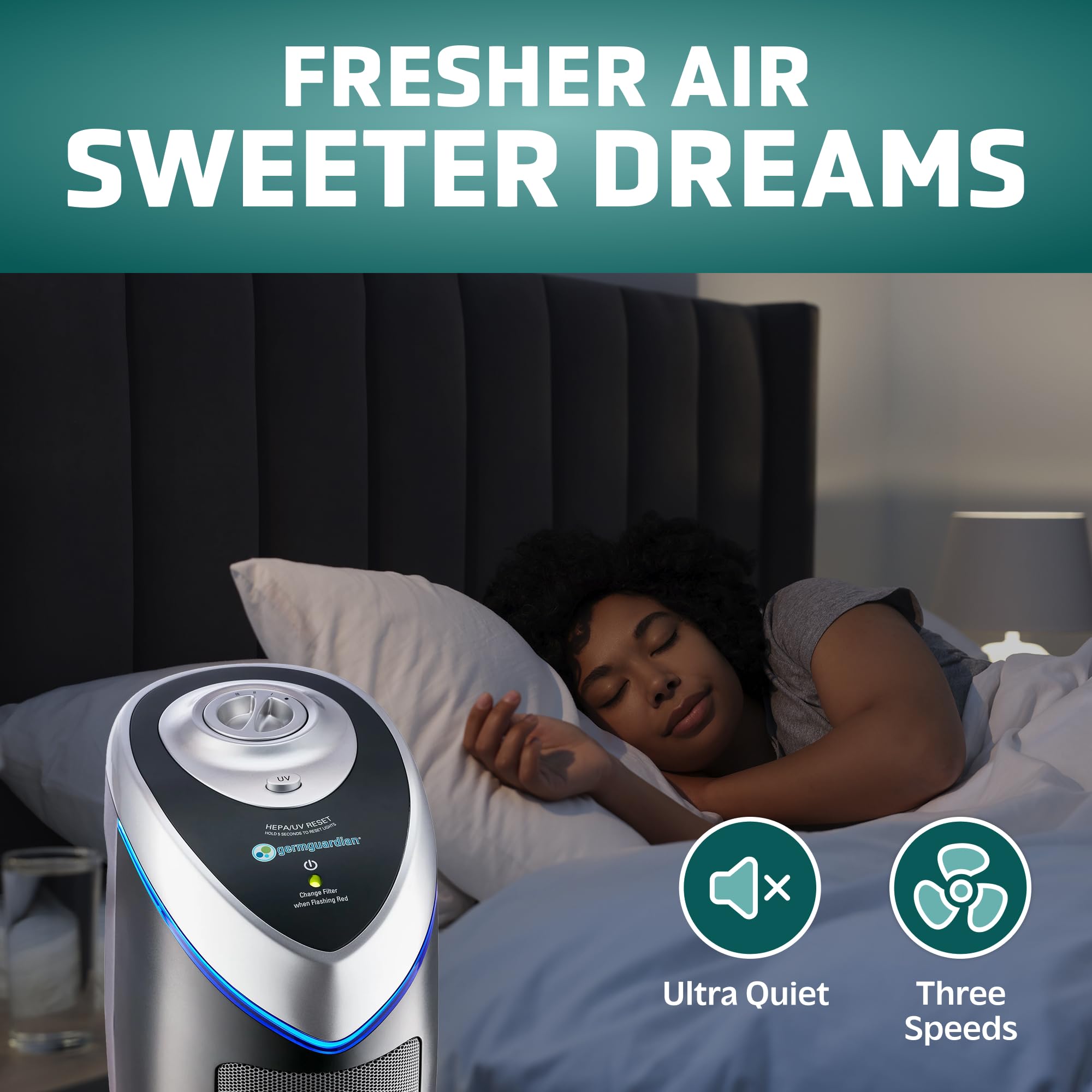 GermGuardian air purifier operates quietly for restful nights.