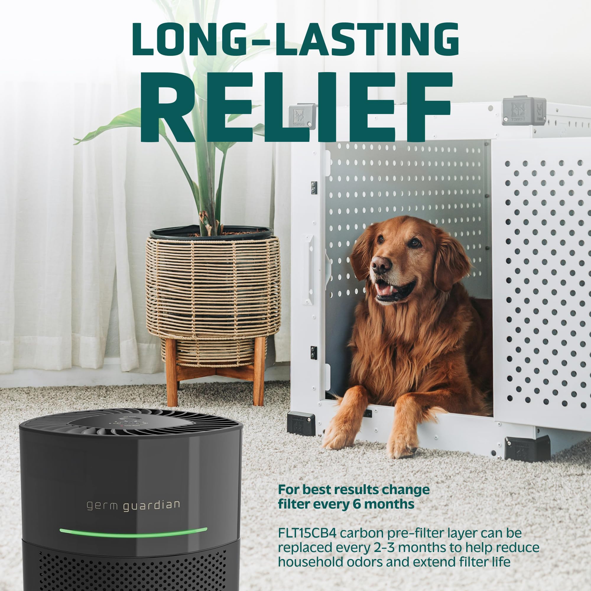 GermGuardian Pet Pure filter demonstrates odor reduction and hair capture for pets.
