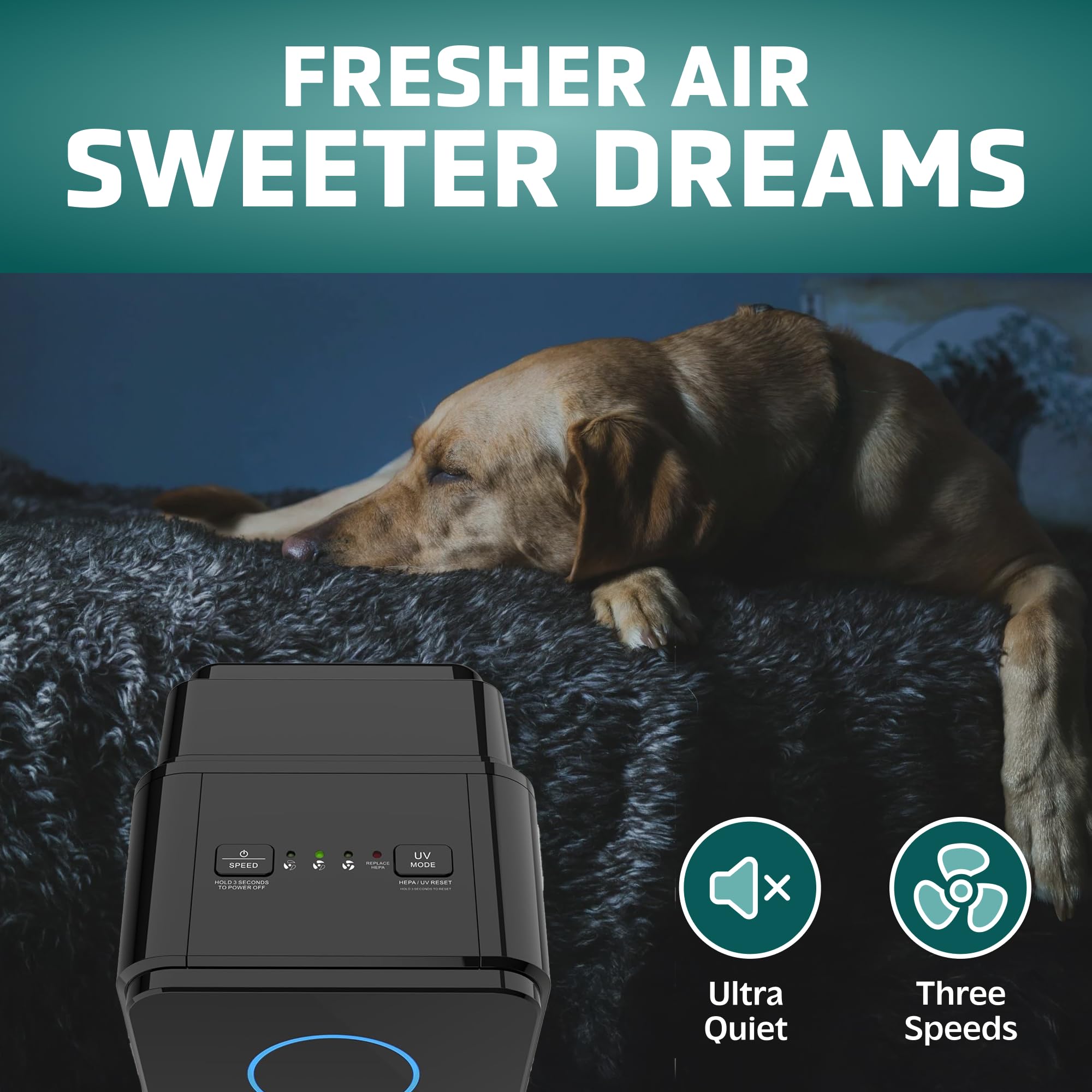 UV-C light is active on the GermGuardian purifier for optional disinfection.