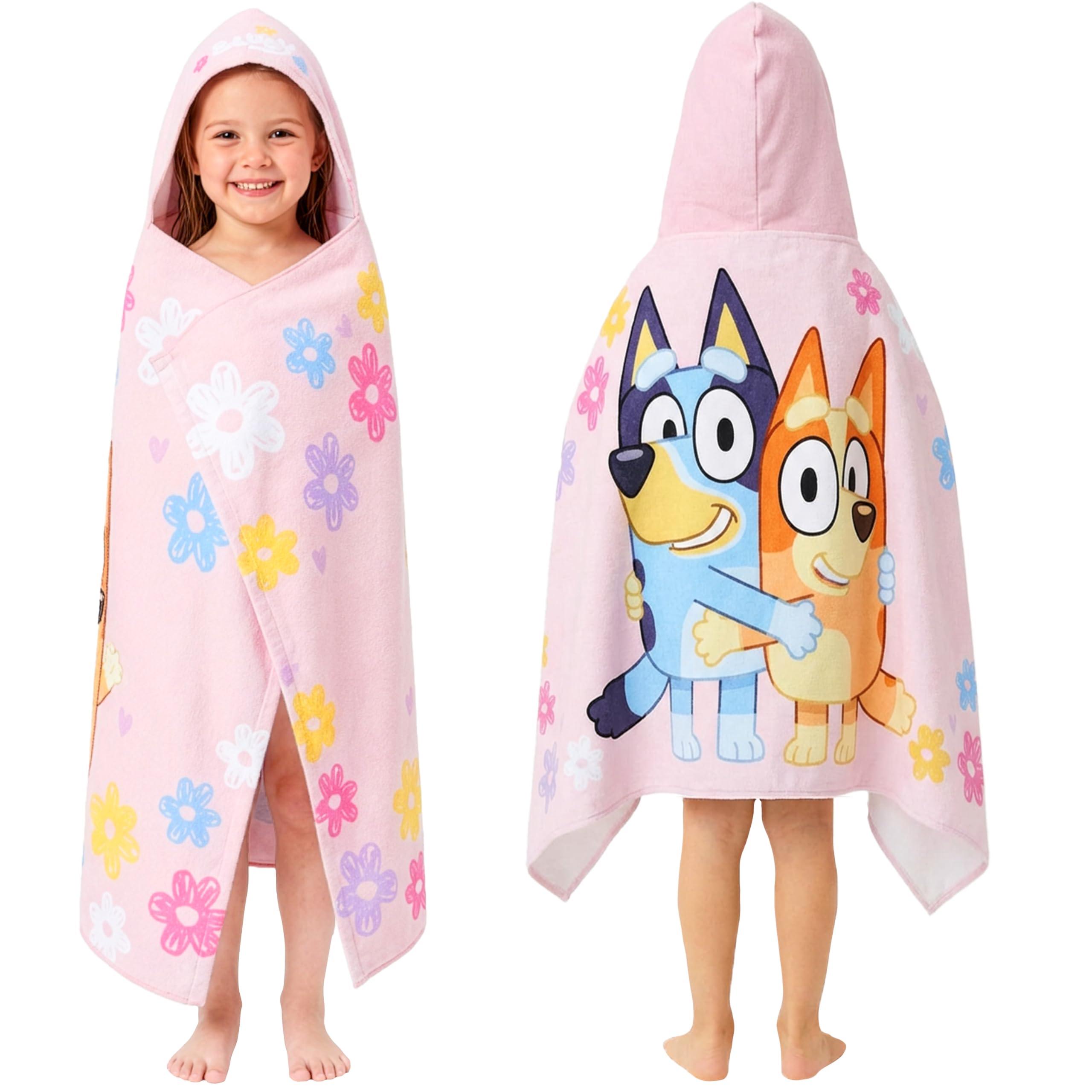 Get Trend Bluey hooded towel pink for girls aged 2-6 dries hair and body after bath