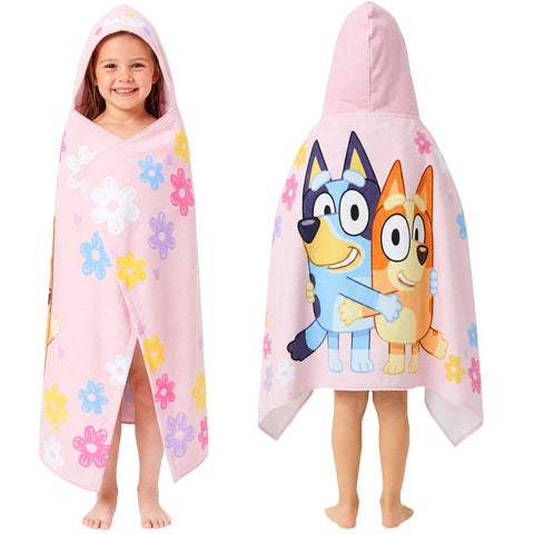Get Trend Bluey hooded towel pink for girls aged 2-6 dries hair and body after bath