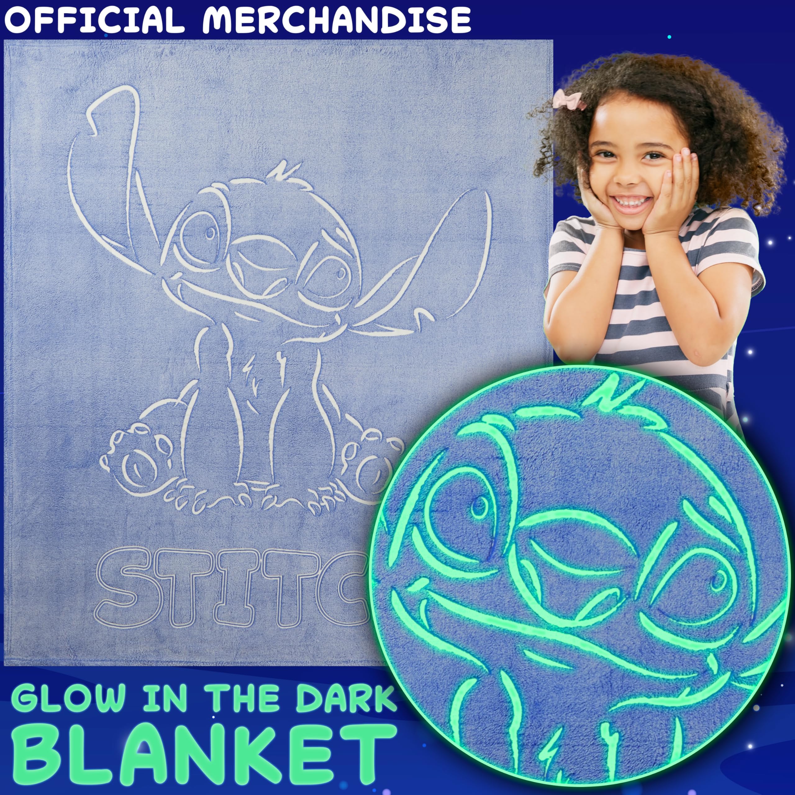 Get Trend Disney Stitch glow blanket on bed for safe, soft night-time warmth.