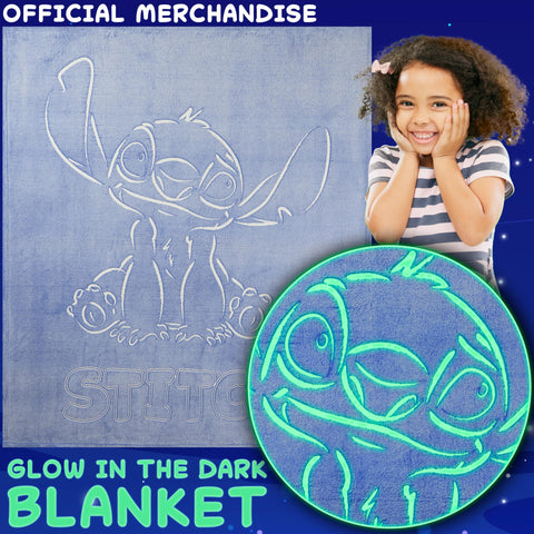 Get Trend Disney Stitch glow blanket on bed for safe, soft night-time warmth.