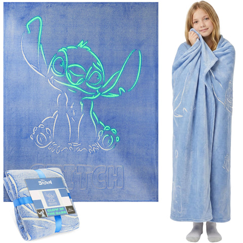 Get Trend Disney Stitch glow blanket front view in blue, ideal for cozy sofa lounging.
