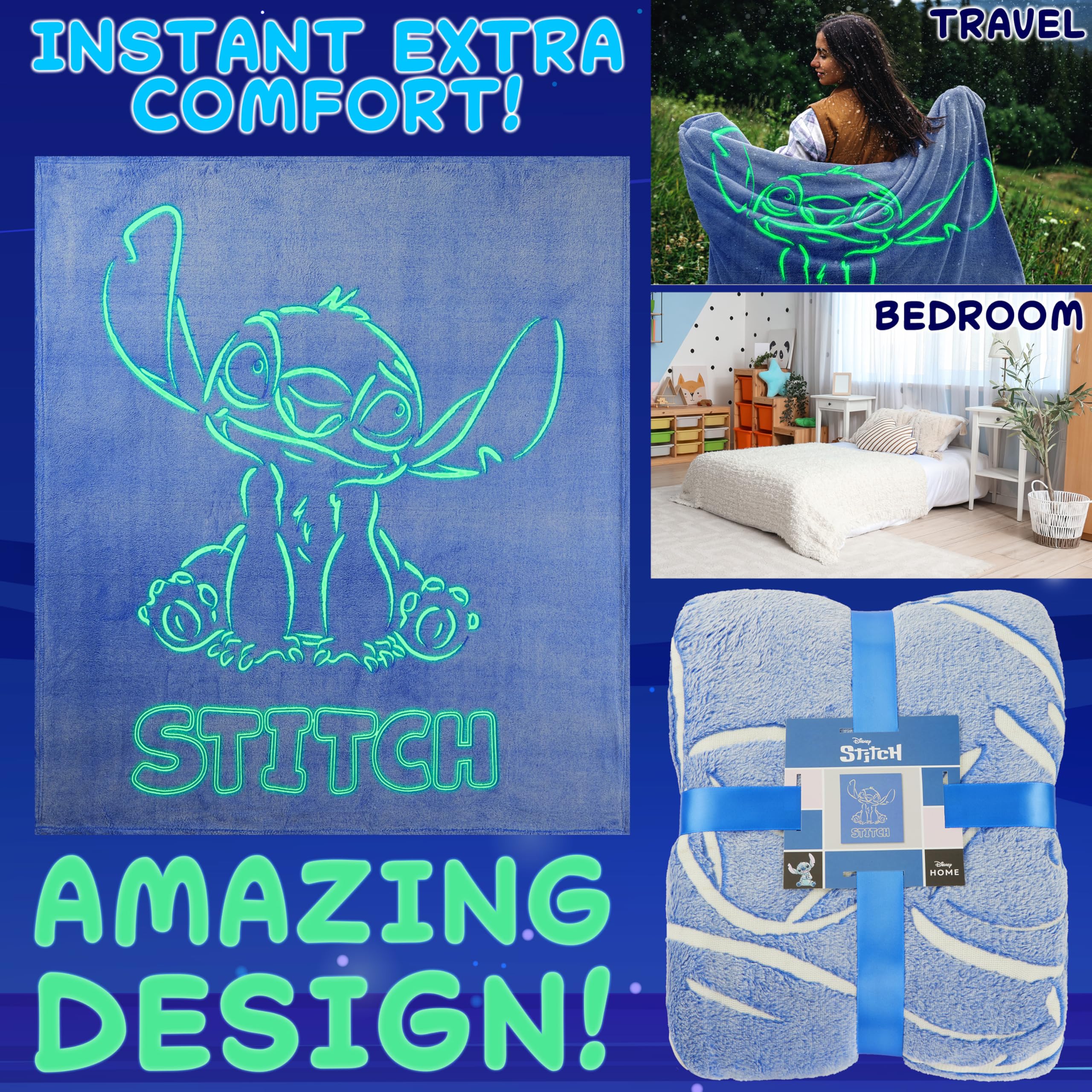 Get Trend Disney Stitch glow blanket draped over sofa corner for relaxed evenings.