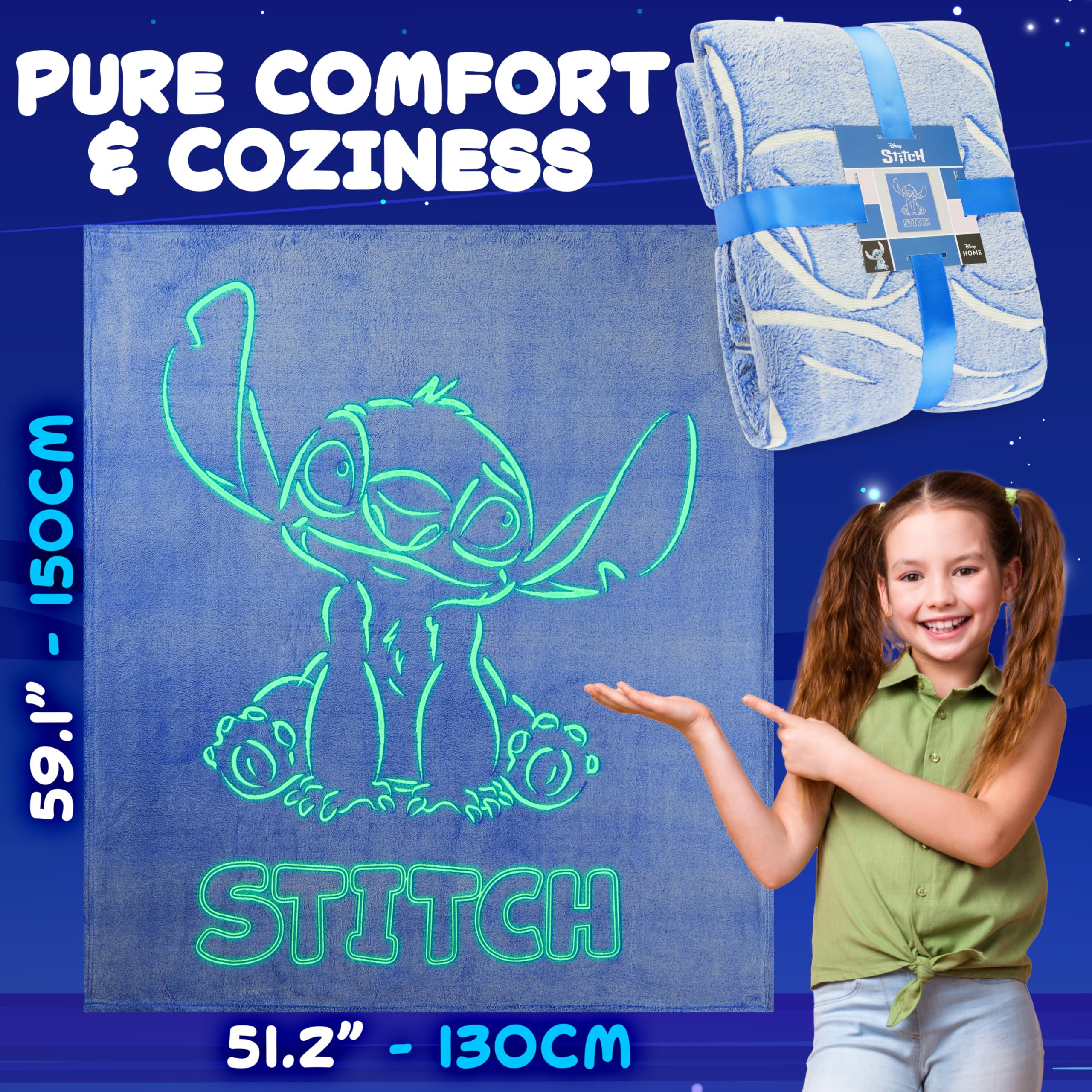 Get Trend Disney Stitch glow blanket durable finish washes after playtime without fading.