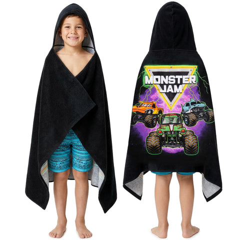 Get Trend Monster Jam hooded towel with front graphics for boys dries hair quickly after swimming.