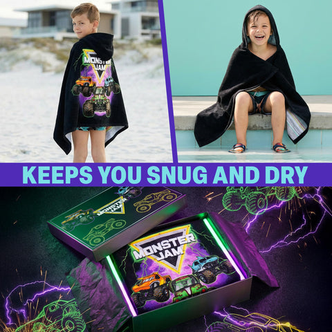 Get Trend Monster Jam Megalodon-Digatron-Grave-Digger graphics towel adds colorful beach day fun.