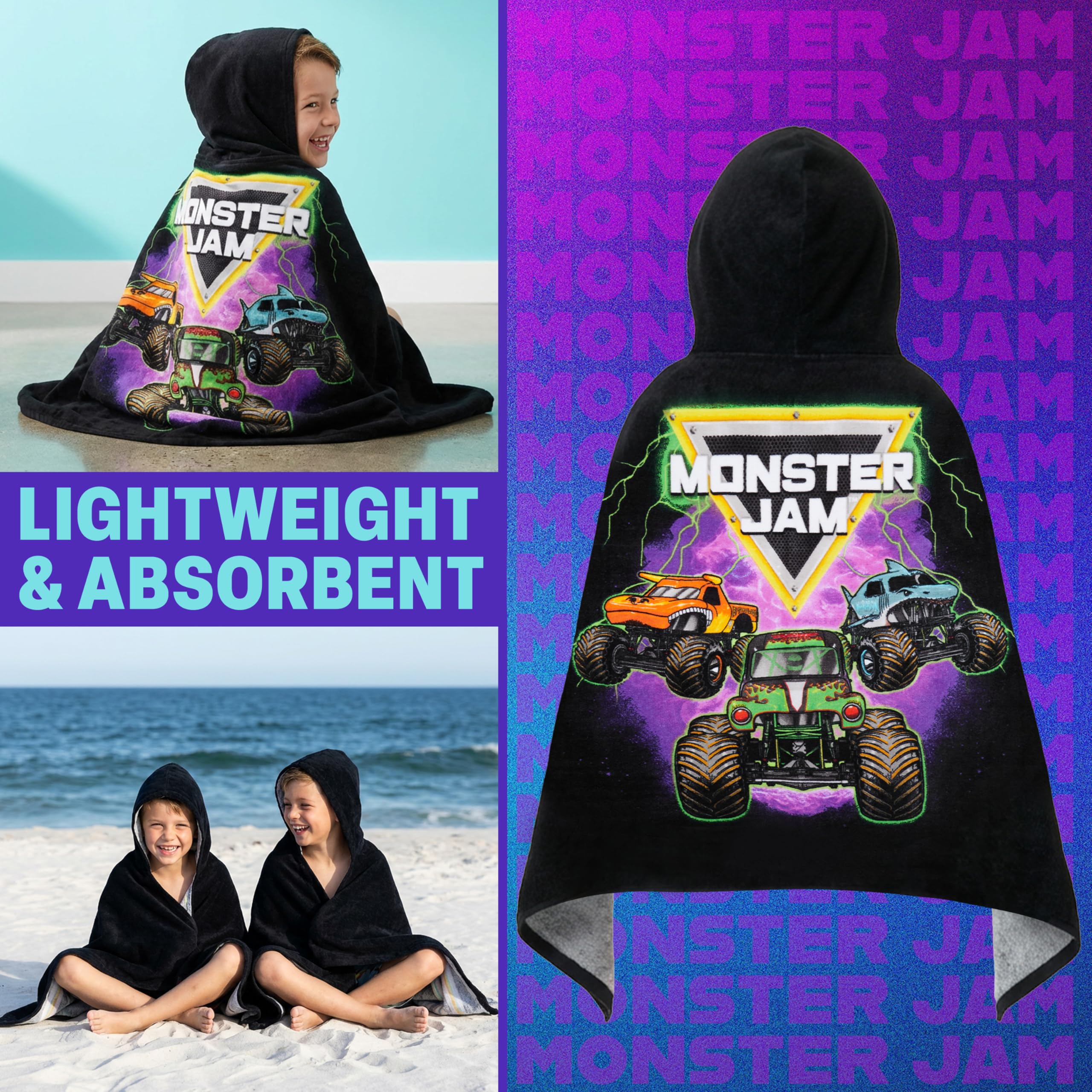 Get Trend Monster Jam hooded poncho towel for easy wear after splash at the beach or pool.
