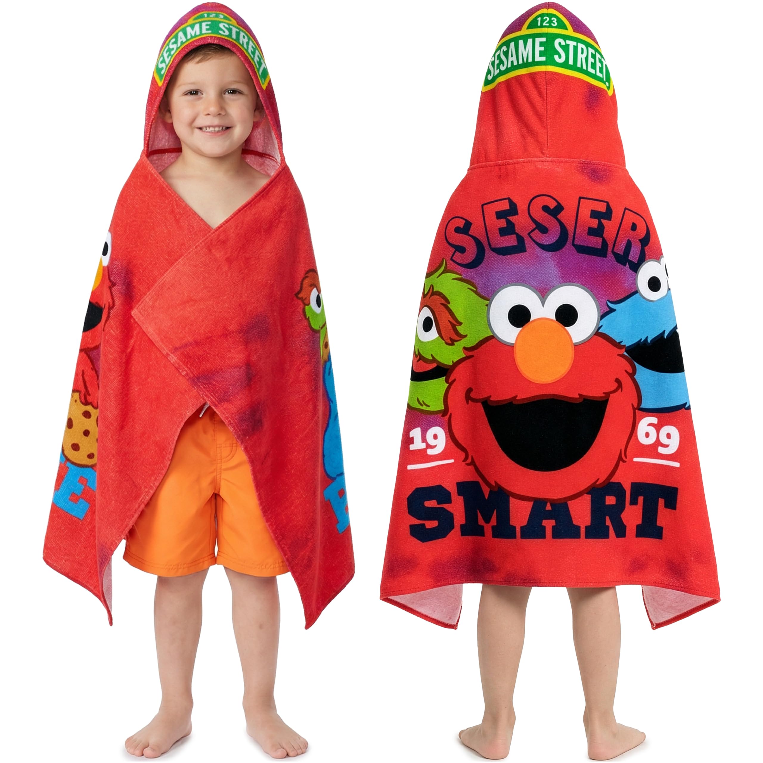Get Trend Sesame Street hooded towel with Elmo face for playful post-bath drying.