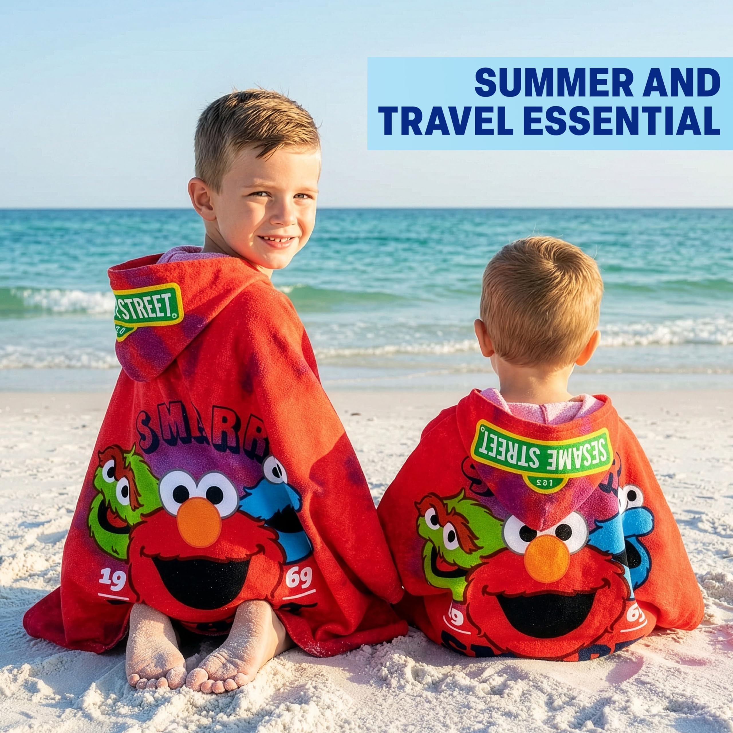 Get Trend Sesame Street hooded towel worn by kids as a poncho after swimming.