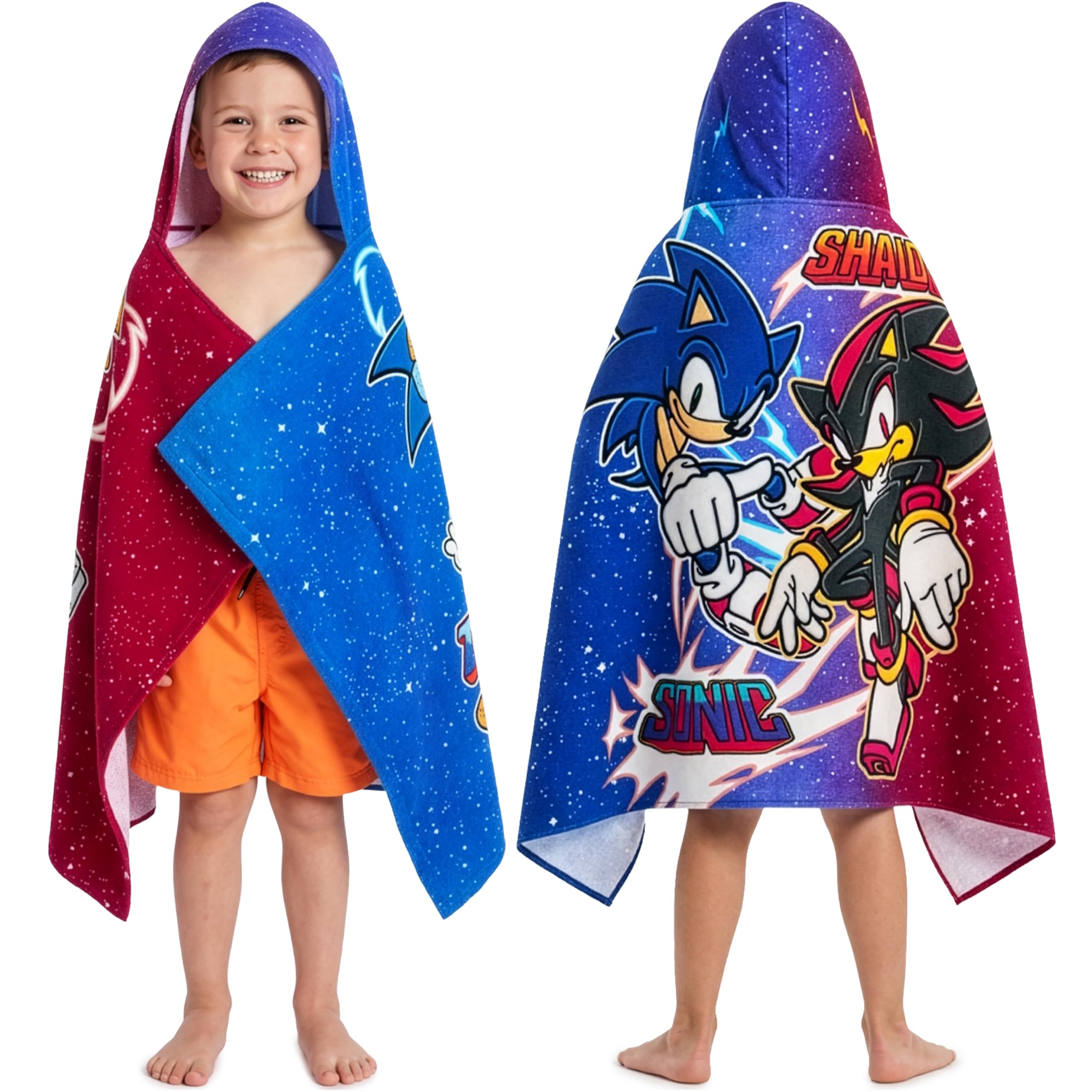 Get Trend Sonic Hedgehog hooded towel for boys with a cozy, absorbent fit after swimming.