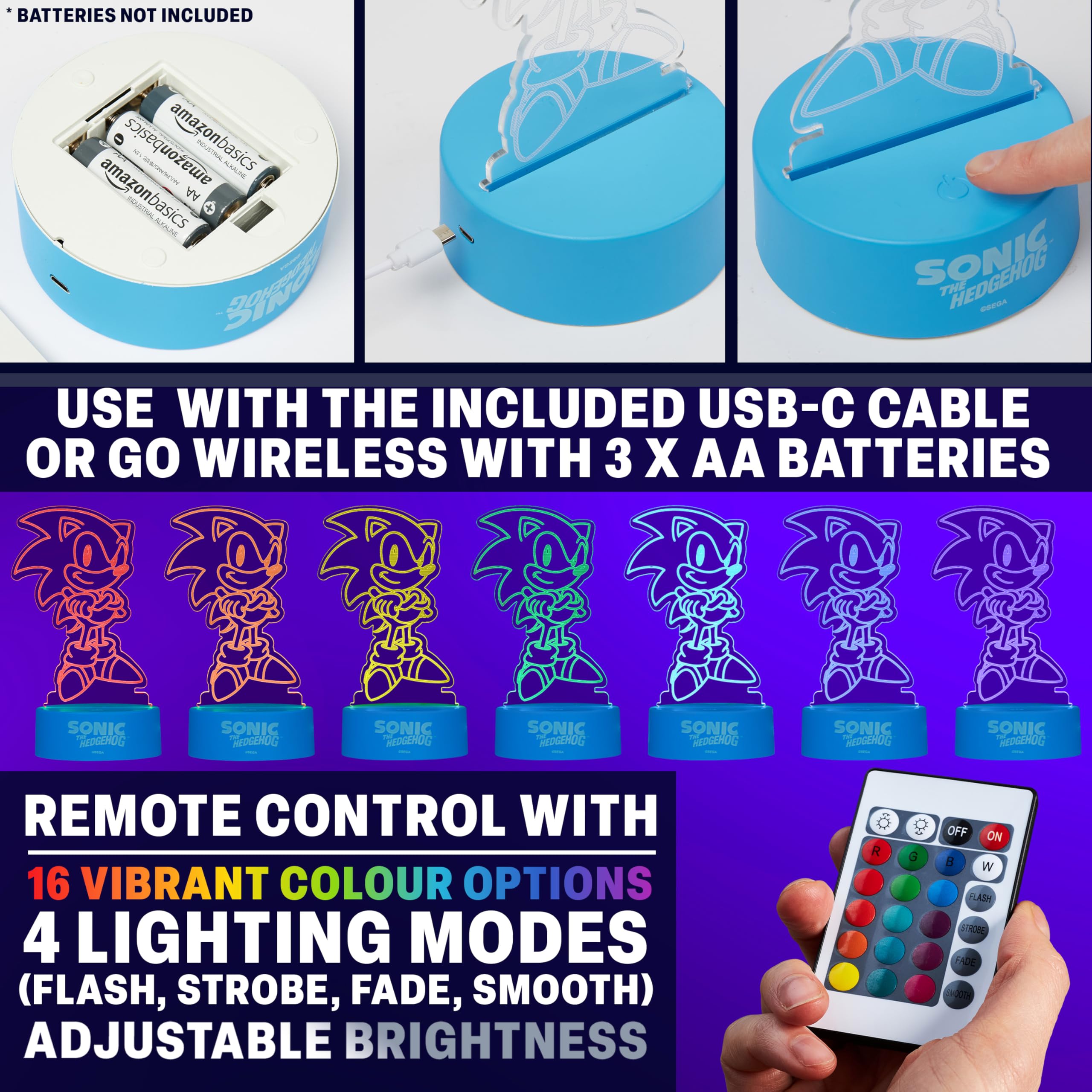 Get Trend Sonic The Hedgehog night light remote control for easy color and brightness adjustment.