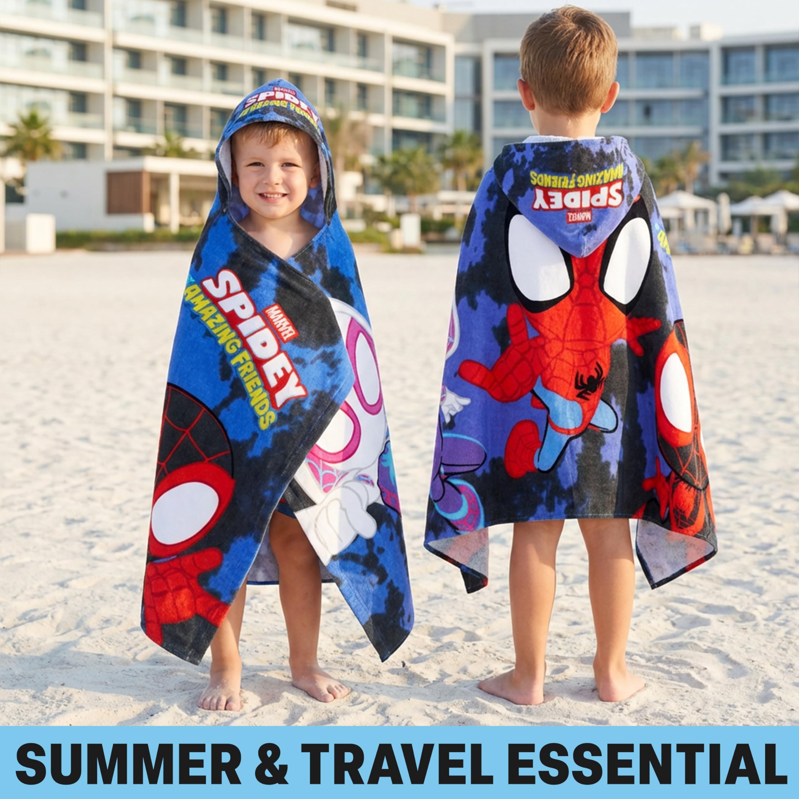 Get Trend Marvel Spidey poncho towel slips on easily for hands-free fun.