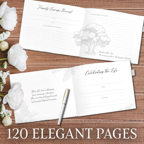 GetProducts Elegant White Funeral Guest Book includes a pen for smooth signatures