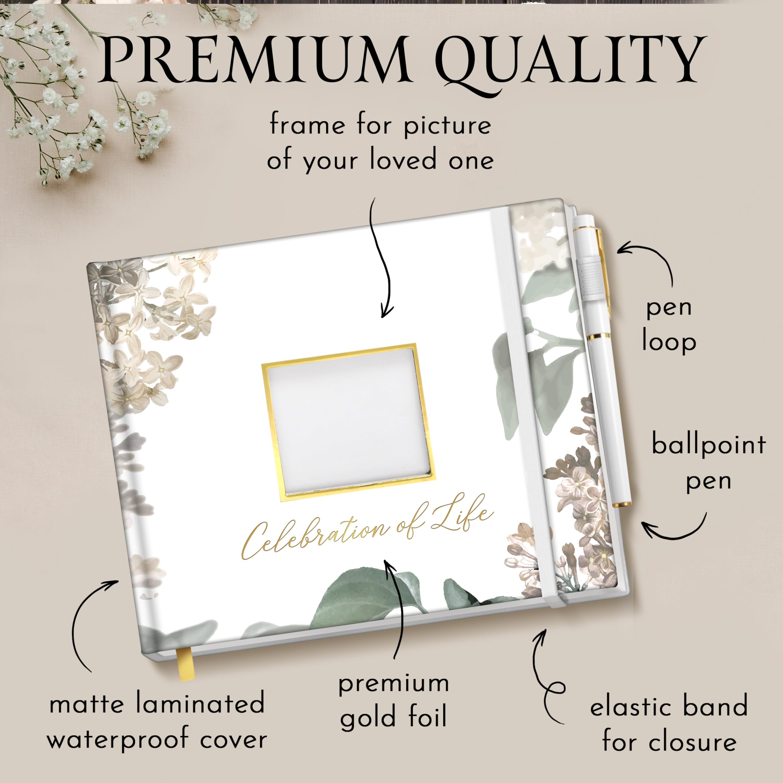 GetProducts Elegant White Funeral Guest Book pocket stores keepsake cards safely