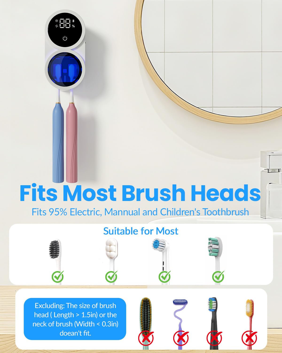 GEVOODIX holder accommodates electric, manual, and kids' brushes for family use.