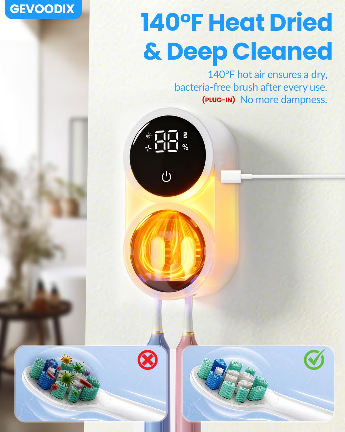 GEVOODIX quick-dry system at 140°F helps brushes dry after use.