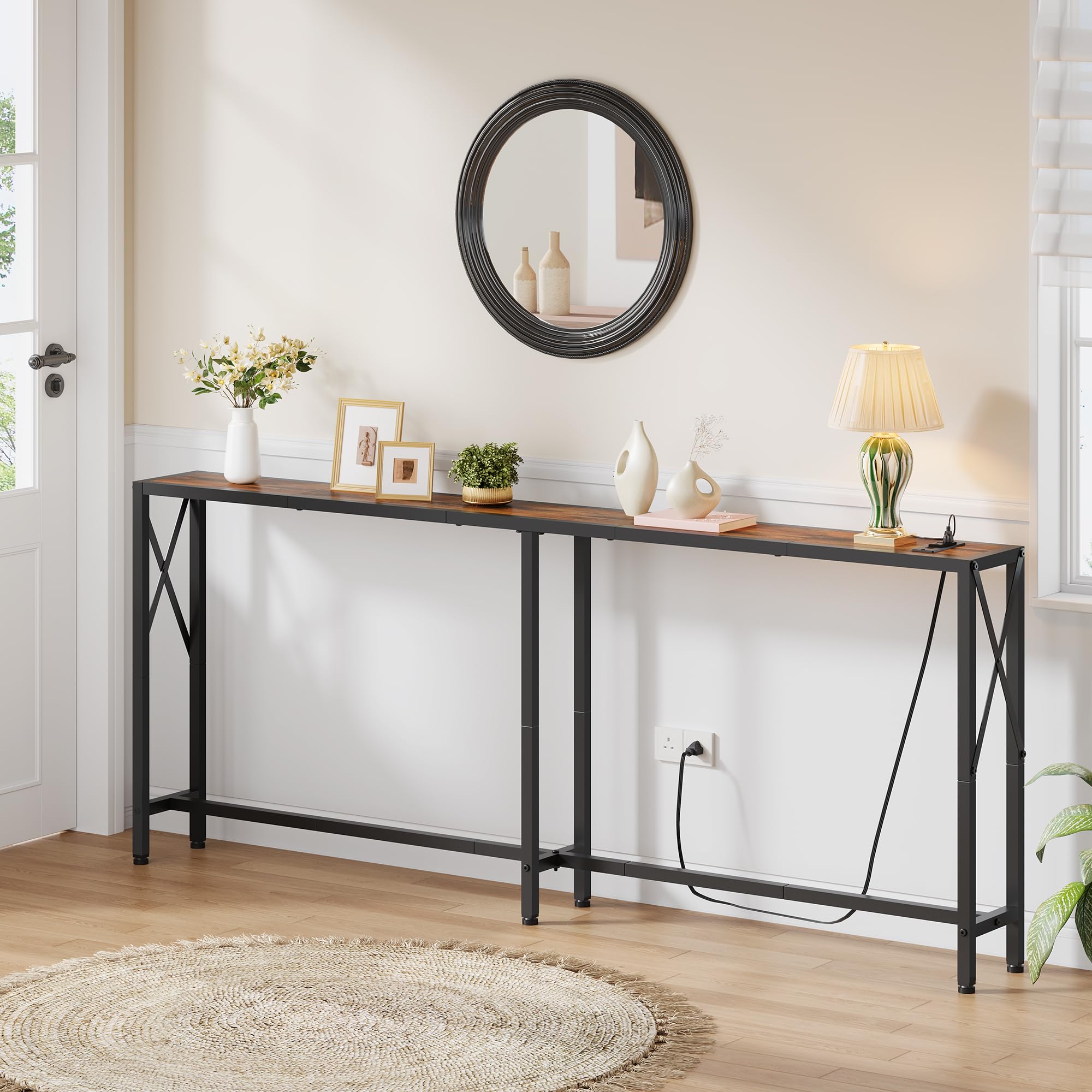 Gewudraw 70in skinny sofa table charging station with outlets and USB ports in use