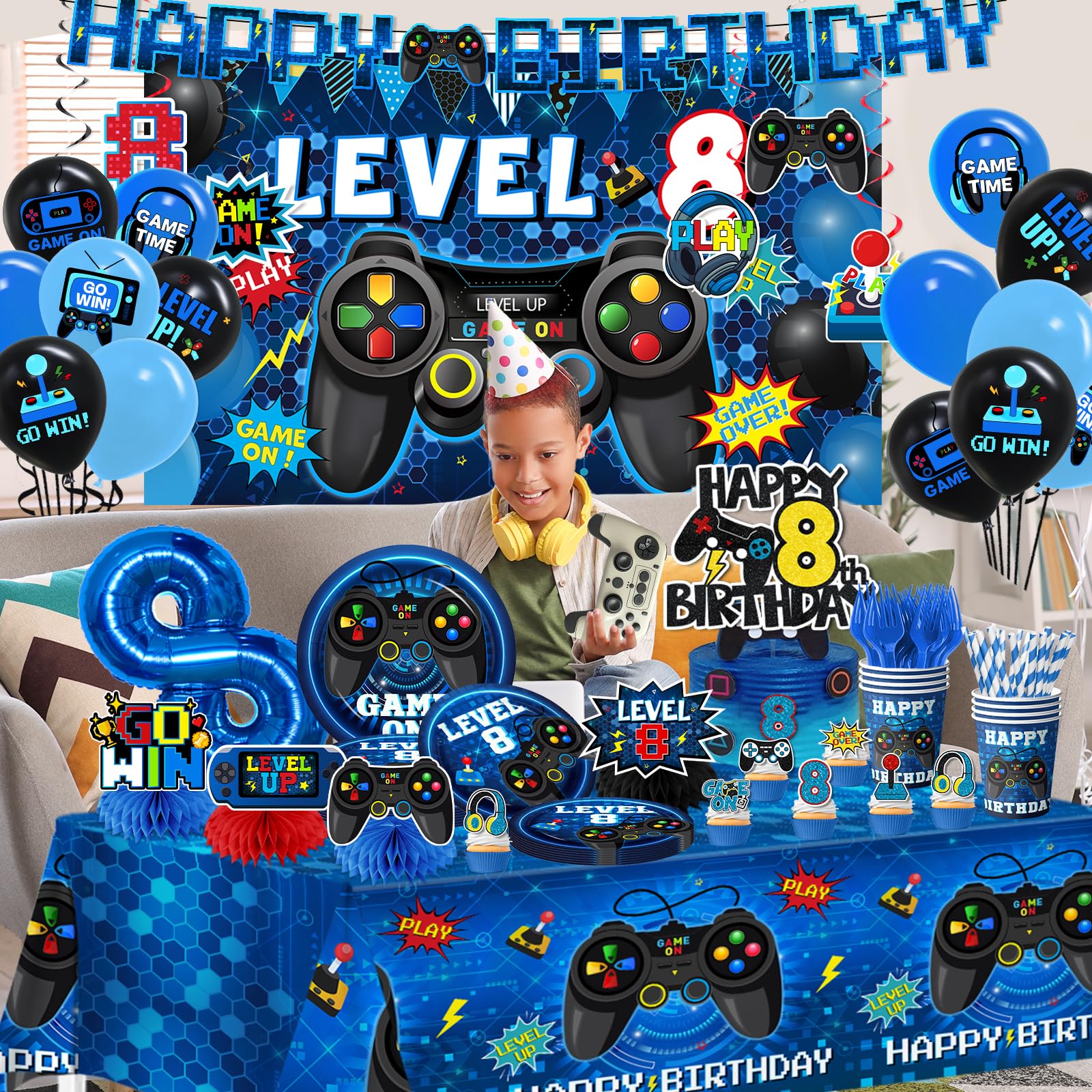 Gexlaju 8th birthday tablecloth enhances a tidy gaming setup