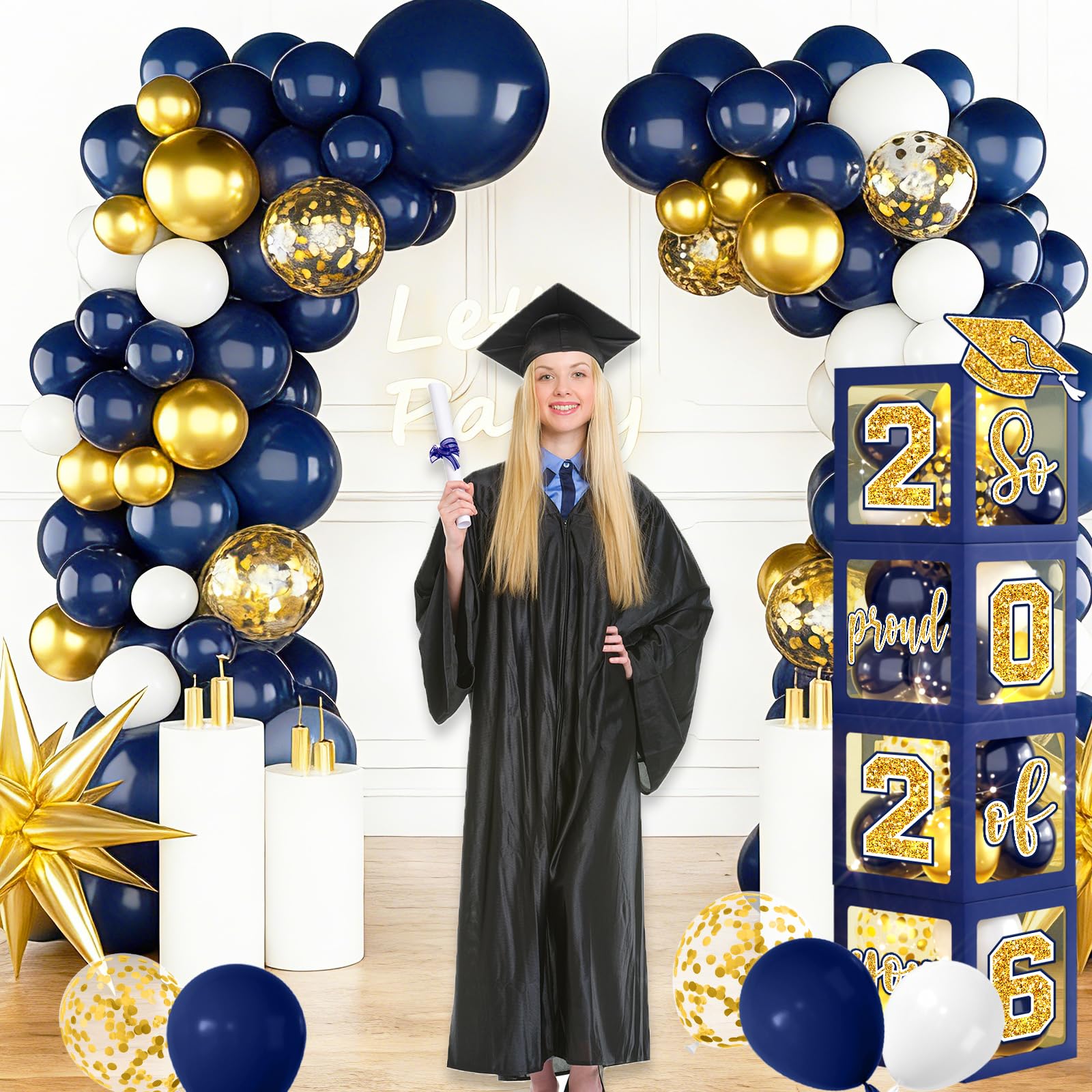 Gexlaju blue and gold balloon arch kit adds a festive backdrop for photos and speeches.