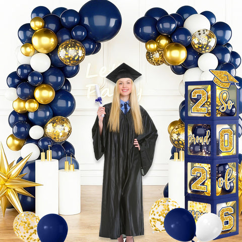 Gexlaju blue and gold balloon arch kit adds a festive backdrop for photos and speeches.