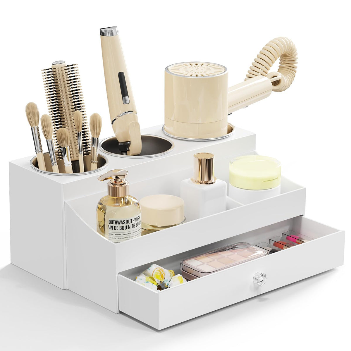 GFWARE acrylic hair dryer holder with drawer neatly organizes tools on the vanity.