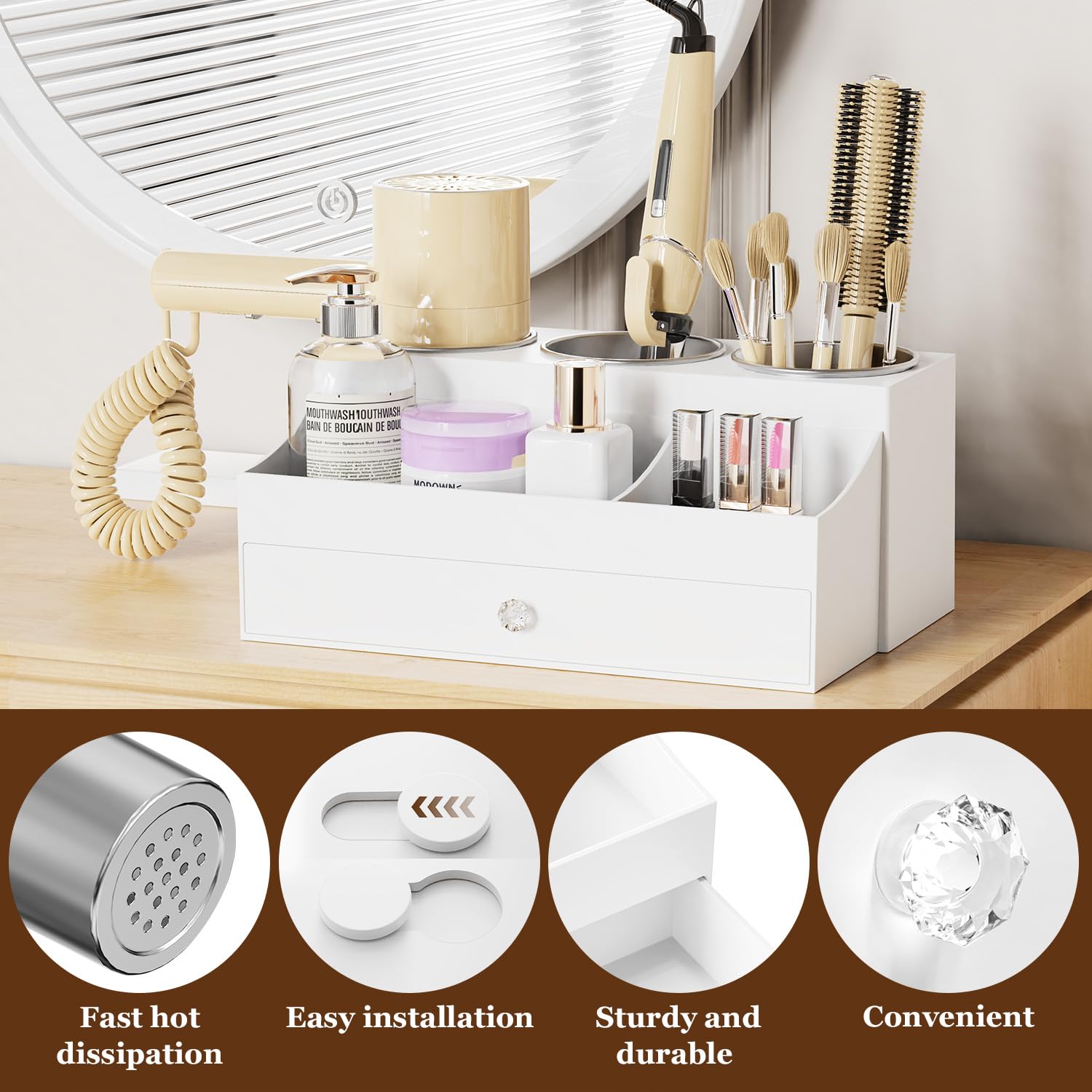 GFWARE bottom compartment stores hair accessories for quick access.
