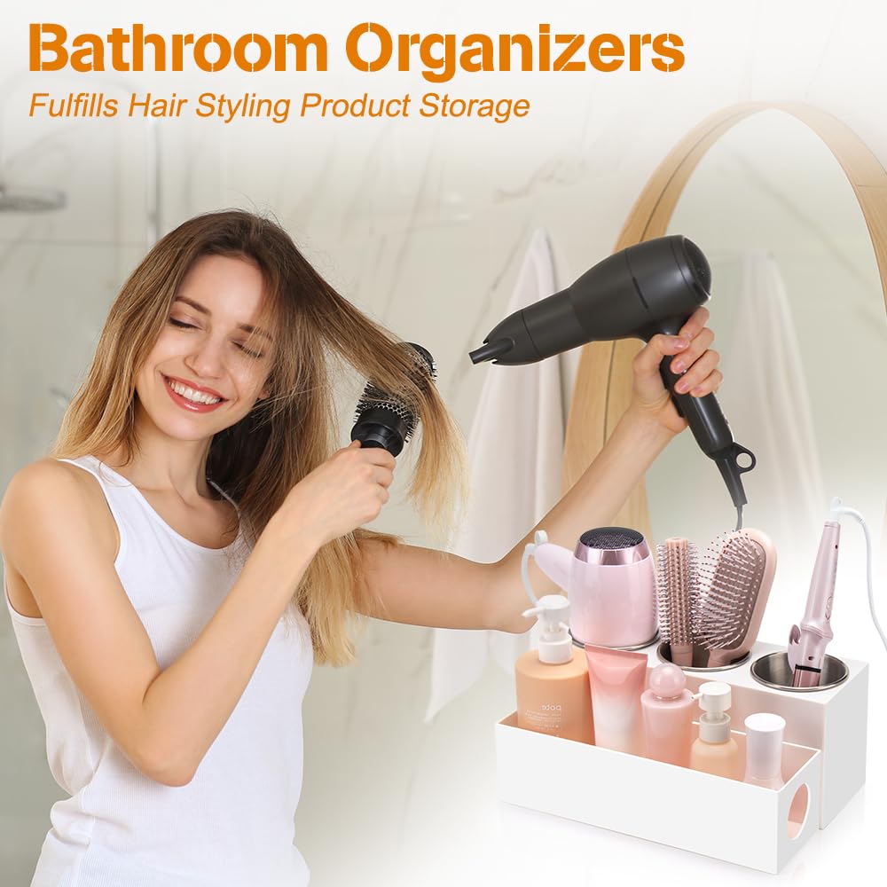 GFWARE hair tool organizer bottom compartment stores makeup and accessories for quick access.