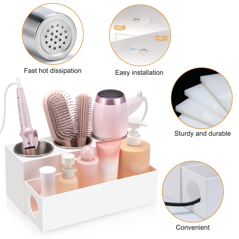 GFWARE hair tool organizer includes a side hole for surge protection ring and tidy cords.