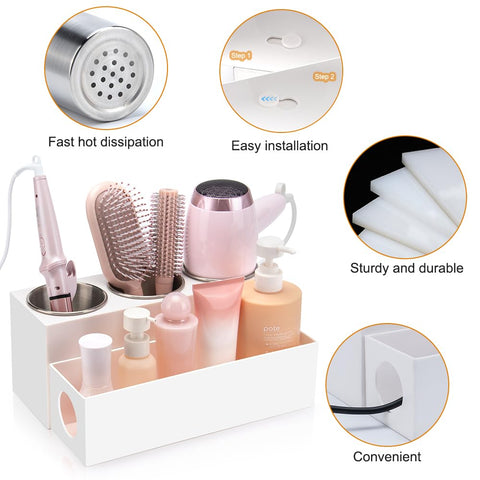 GFWARE hair tool organizer includes a side hole for surge protection ring and tidy cords.
