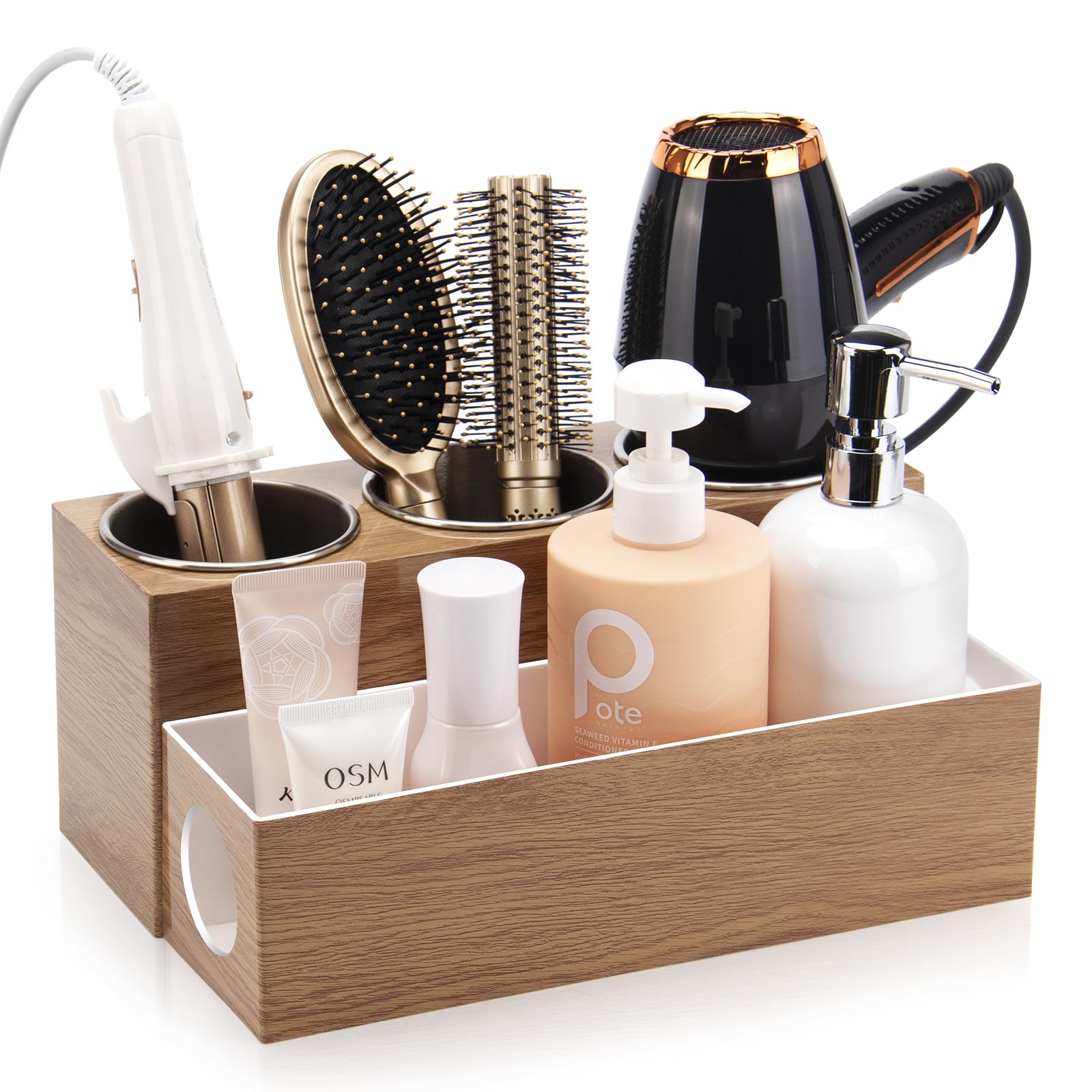 GFWARE hair tool organizer on vanity top keeps tools neatly stored and ready.